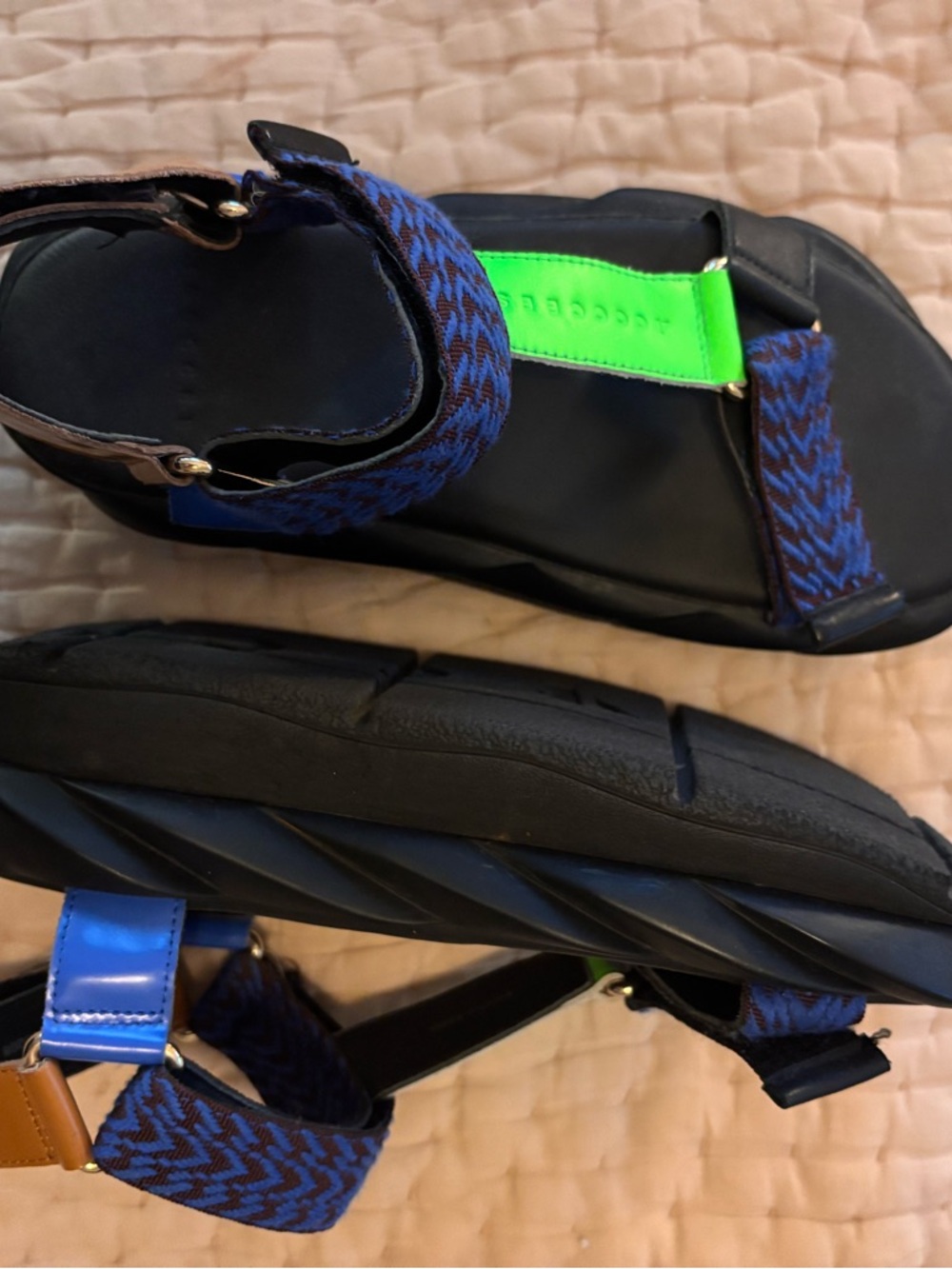 Celine Black Sandals with Blue Pattern and Neon Green Accent